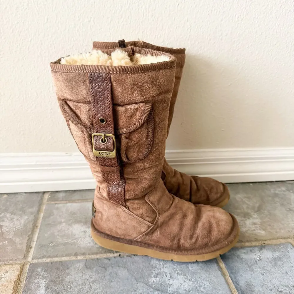 UGG Brown Shearling Tall Warm Winter Boots Buckle Pocket Women’s Size 6